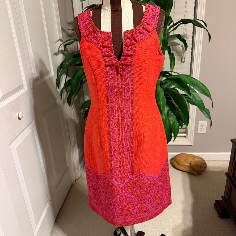 Kay Unger Dress Womens 8 Orange Sleeveless Sheath Embellished Textured Party